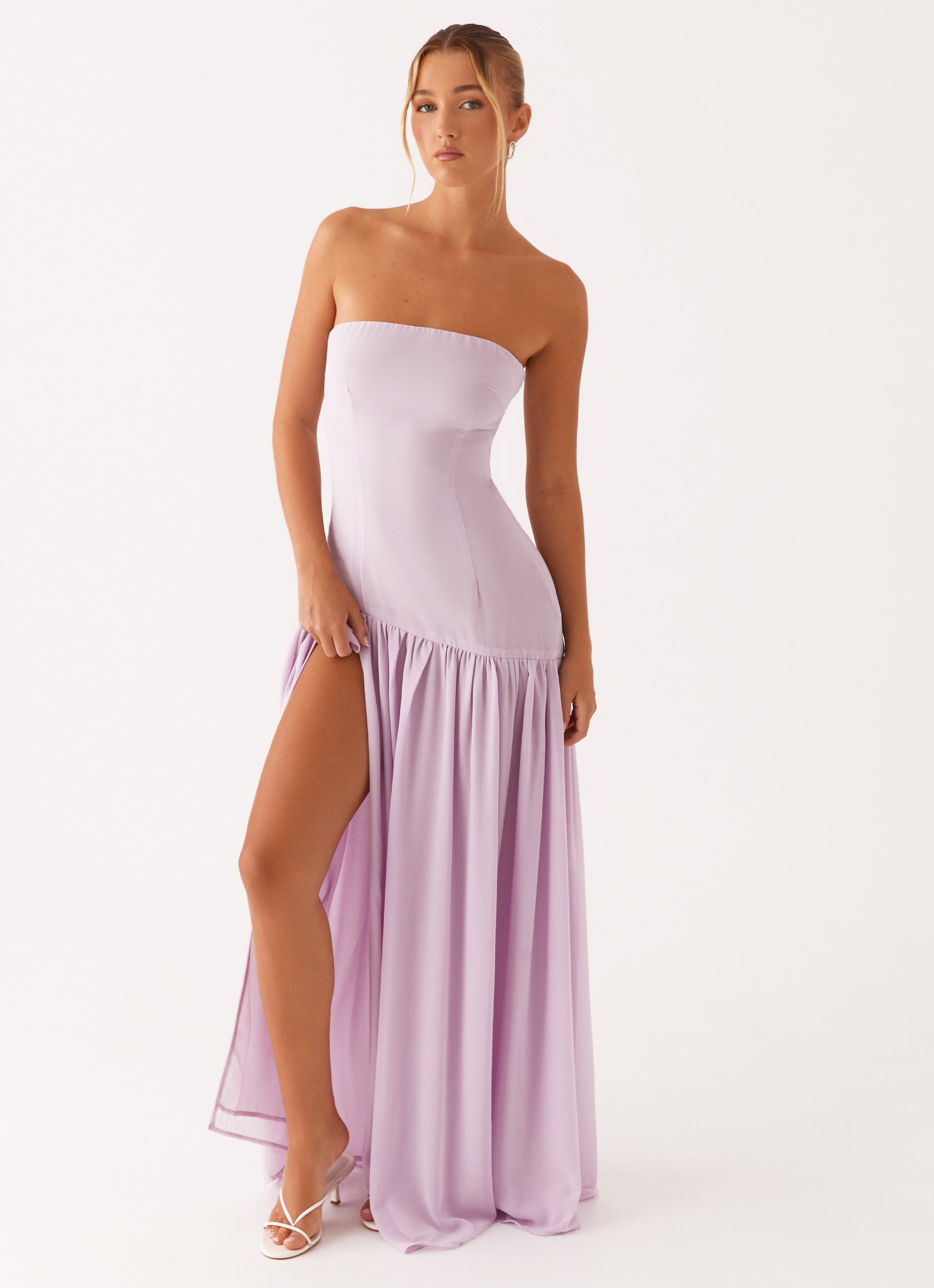 Eden Strapless Maxi Dress for Women - Flowy Long Formal Gown in Lilac for Weddings, Prom, Evening Parties & Special Occasions