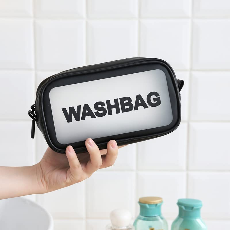 **JAPVA MART Clear Travel Toiletries Bag - Waterproof Cosmetic Makeup Organizer for Women, PVC Portable Wash Bag for Business & Bathroom Essentials (Medium, Black) - Perfect for Air Travel, Gym & Weekend Getaways**