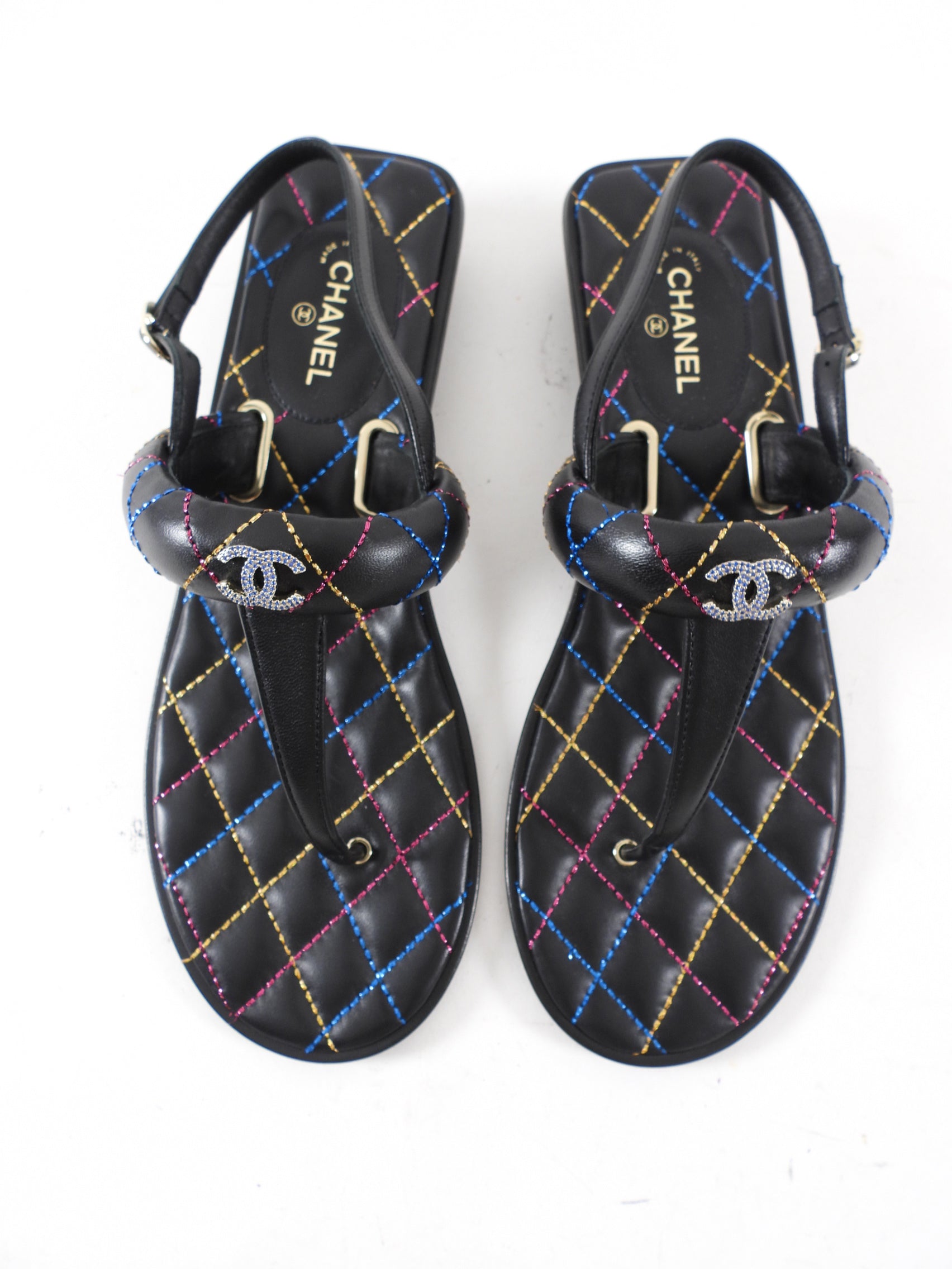 Chanel 21K Black Multi Quilted CC Logo Thong Sandals - Size 40 | Luxury Designer Flip Flops for Women, Beach Vacation & Summer Outfits