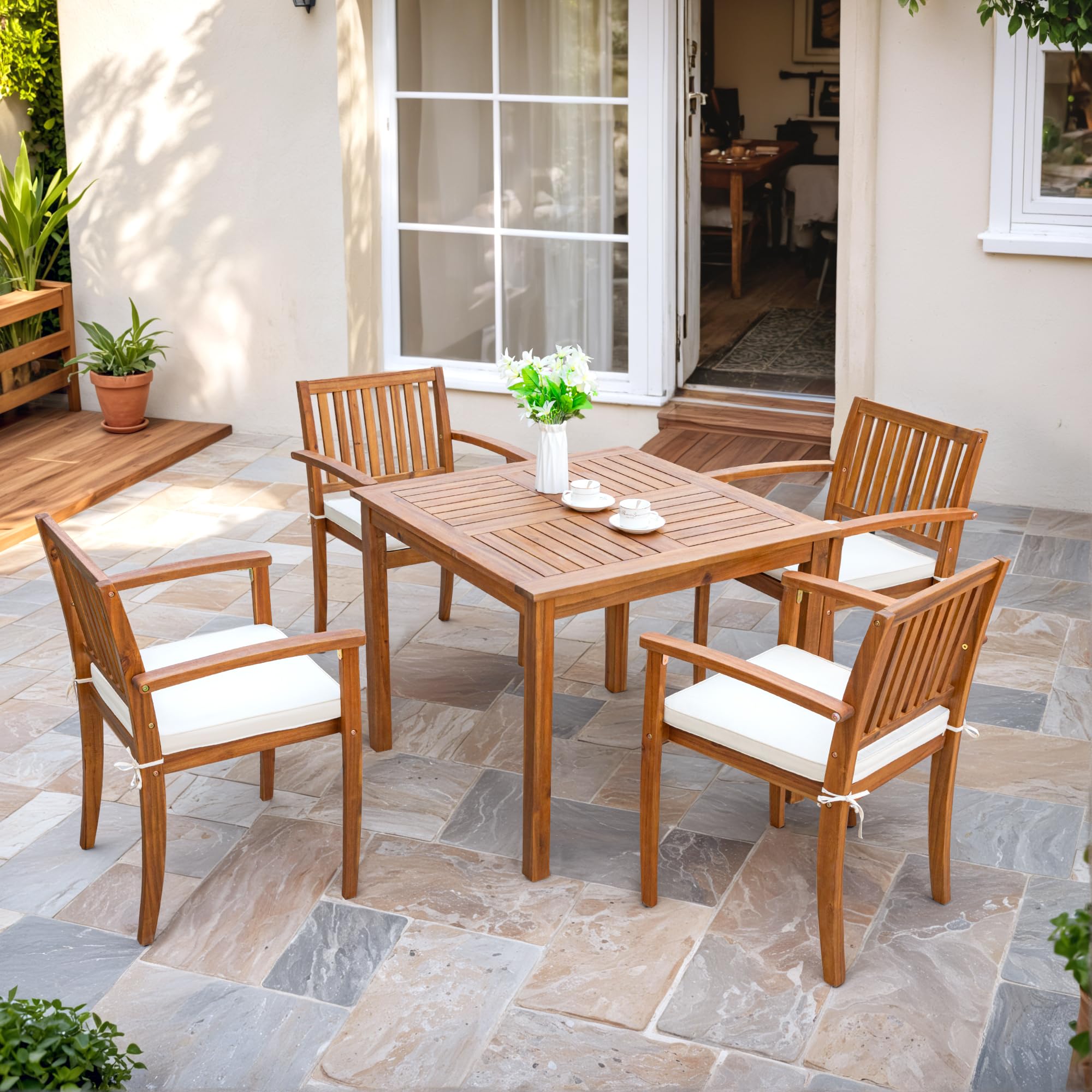 Premium 5-Piece Acacia Wood Outdoor Dining Set with Soft Cushions - Patio Table and Chairs for Deck, Backyard, Garden - Perfect for Al Fresco Dining, BBQs, and Outdoor Entertaining