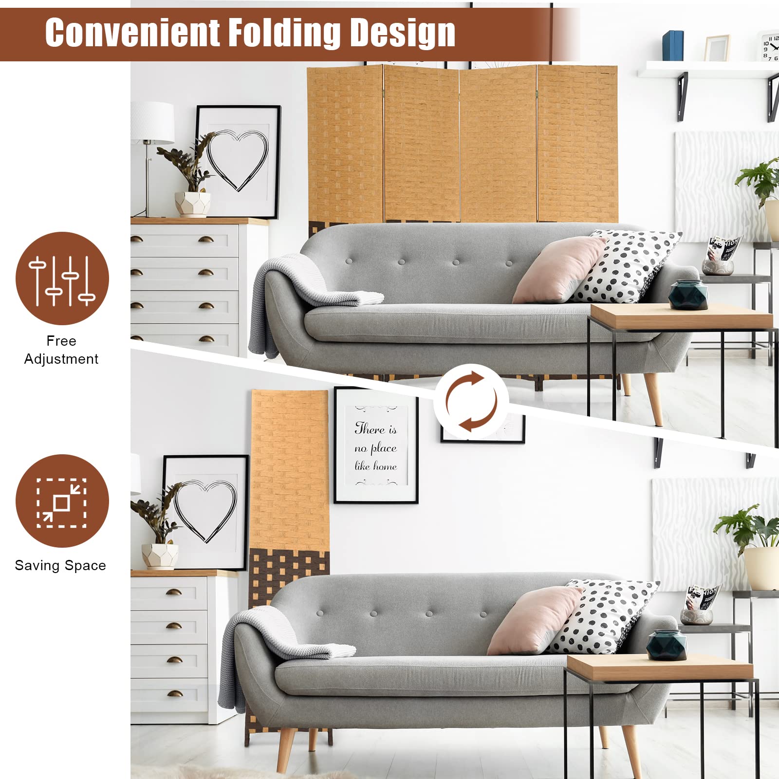 Giantex 4-Panel Handmade Rattan Room Divider Screen - 6FT Tall Freestanding Wood Partition for Home, Office & Bedroom - Portable Folding Privacy Screen for Indoor Spaces & Room Separation