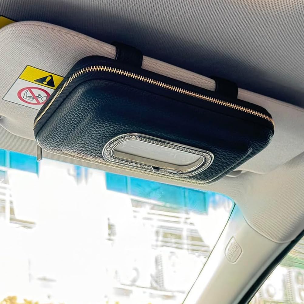 Premium Leather Car Tissue & Mask Holder for Sun Visor - Black - Organizer for Car, SUV, Truck - Perfect for Road Trips, Daily Commute & Hygiene Needs