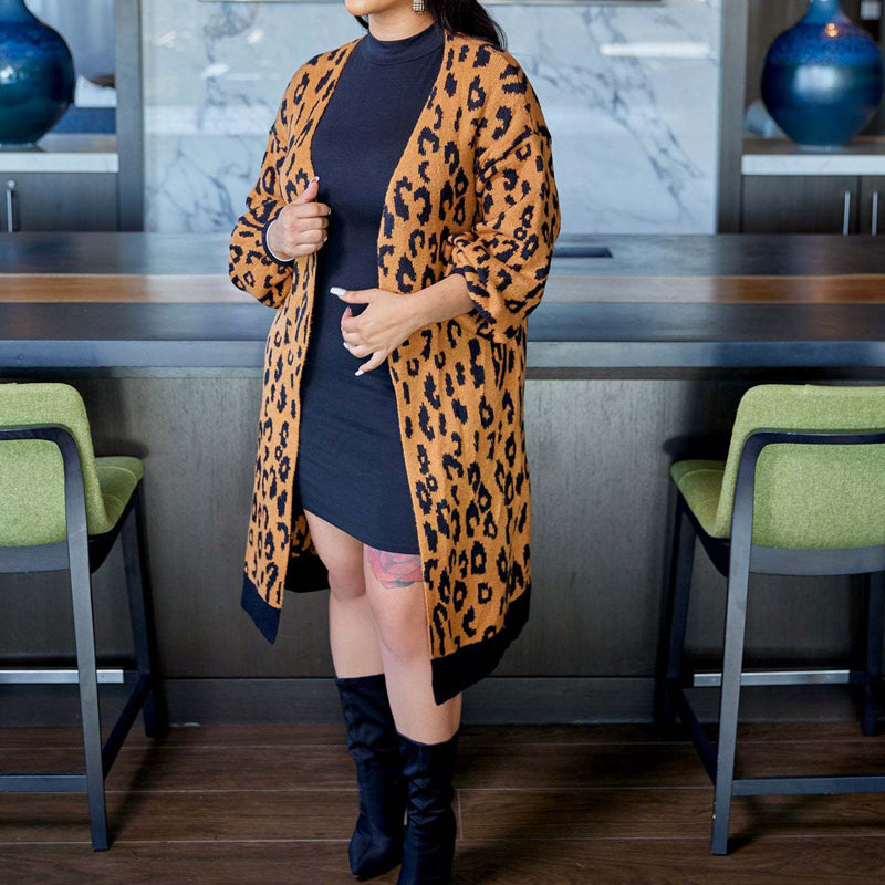 Leopard Print Knit Cardigan Jacket for Women - Soft Chunky Open Front Sweater - Cozy Fall & Winter Fashion - Perfect for Casual Outings and Office Wear