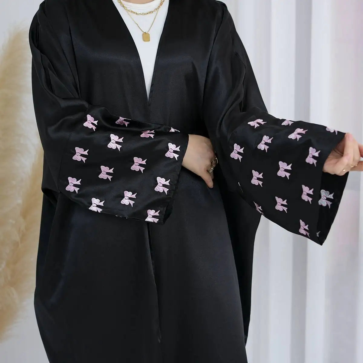 Elegant Bows Embroidery Sleeve Cardigan Open Abaya Dress - Perfect for Special Occasions & Modest Fashion
