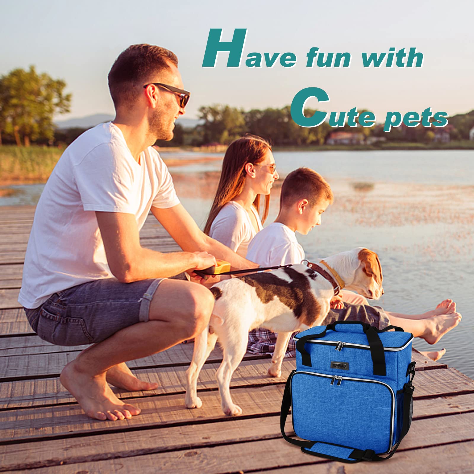 BAGLHER Dog Travel Bag - Waterproof Pet Carrier with 2 Food Containers & Collapsible Bowls | Essential Travel Accessories for Dogs & Cats | Perfect for Road Trips, Camping & Airplane Travel (Blue)