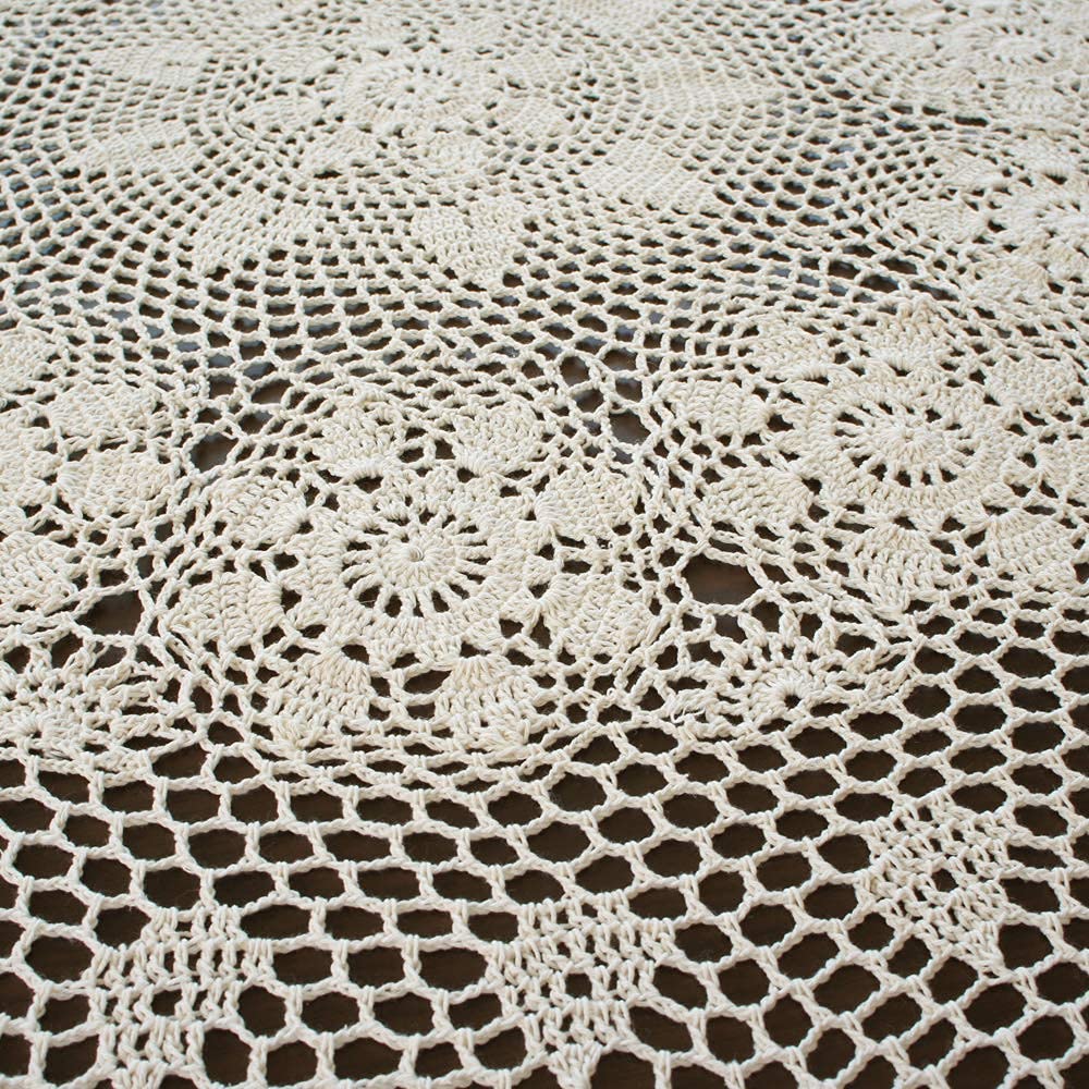 Handmade Crochet Round Tablecloth 60-inch Beige Lace Table Cover Floral Design for Bedroom Kitchen Coffee Table Dining Table - Perfect for Boho Home Decor Wedding Party & Holiday Dining
