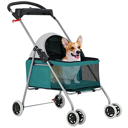 Premium Foldable 4-Wheel Pet Stroller for Small & Medium Dogs & Cats - Waterproof, 360° Rotating Front Wheels, Mesh Windows, Removable Liner, Storage Basket & Cup Holder - Ideal for Travel, Shopping & Outdoor Walks (Teal)