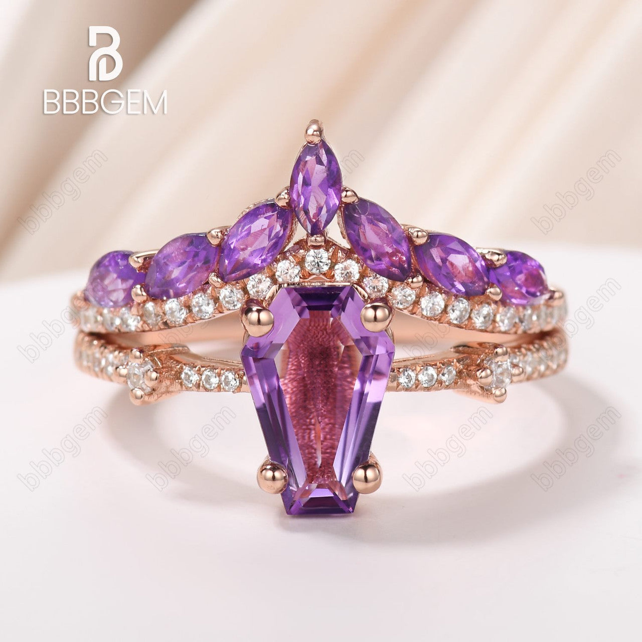 Elegant Purple Amethyst Coffin Engagement Ring Set with Genuine Crystal Birthstone - Perfect for Weddings, Anniversaries & Special Occasions