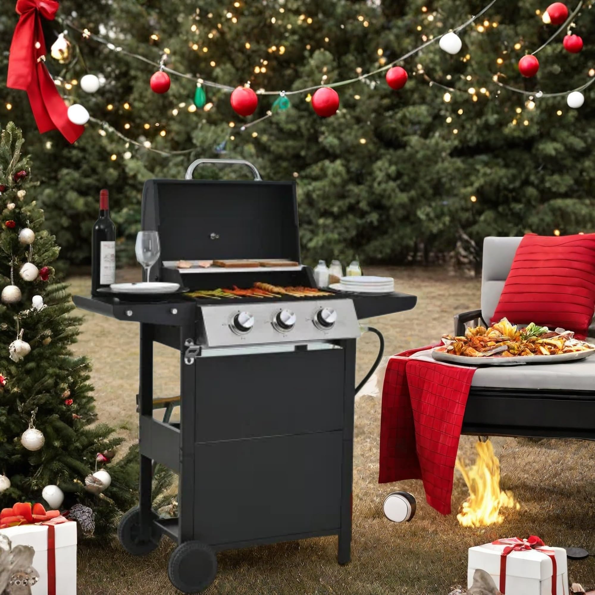 **25,650 BTU Propane Gas Grill - 3 Stainless Steel Burners with Built-in Thermometer - All-Weather Outdoor BBQ Grill for Backyard, Patio & Camping - Black**