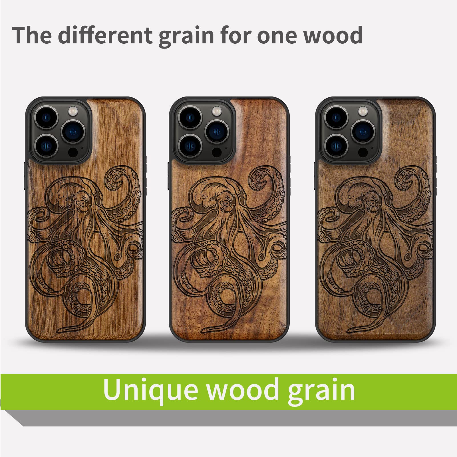 Carveit Magnetic Wood Case for iPhone 13 Pro Max - Natural Walnut Wood & Black TPU Shockproof Cover with Octopus Design | MagSafe Compatible Protective Phone Case | Perfect for Outdoor Adventures & Business Meetings