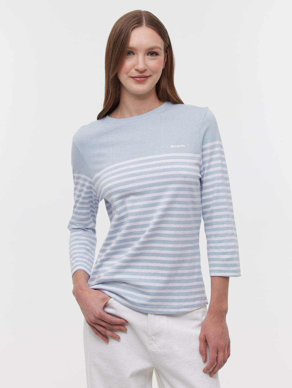 Arian Nautical Stripe 3/4 Sleeve T-Shirt for Men - Classic Blue & White Striped Casual Top for Summer Boating & Beach Outfits