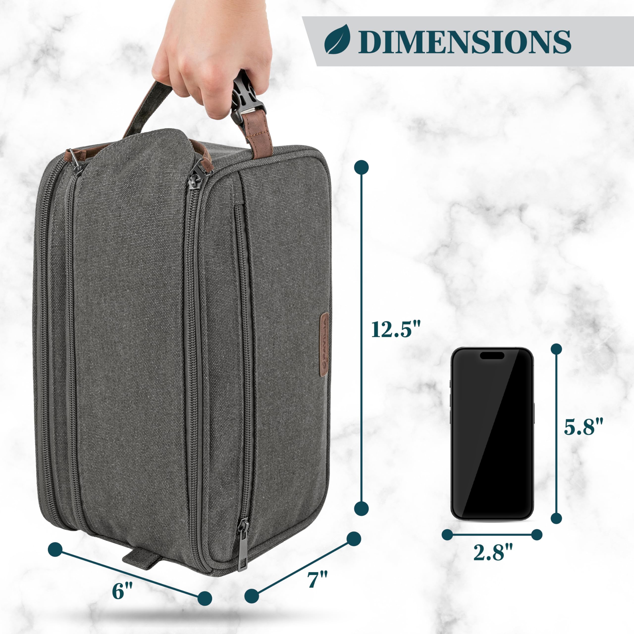 PAVILIA Extra Large Water Resistant Canvas Toiletry Bag for Men & Women - Travel Dopp Kit, Hygiene Organizer & Shaving Kit Accessories (Grey) - Perfect for Camping, Gym, Business Trips & Vacation Packing