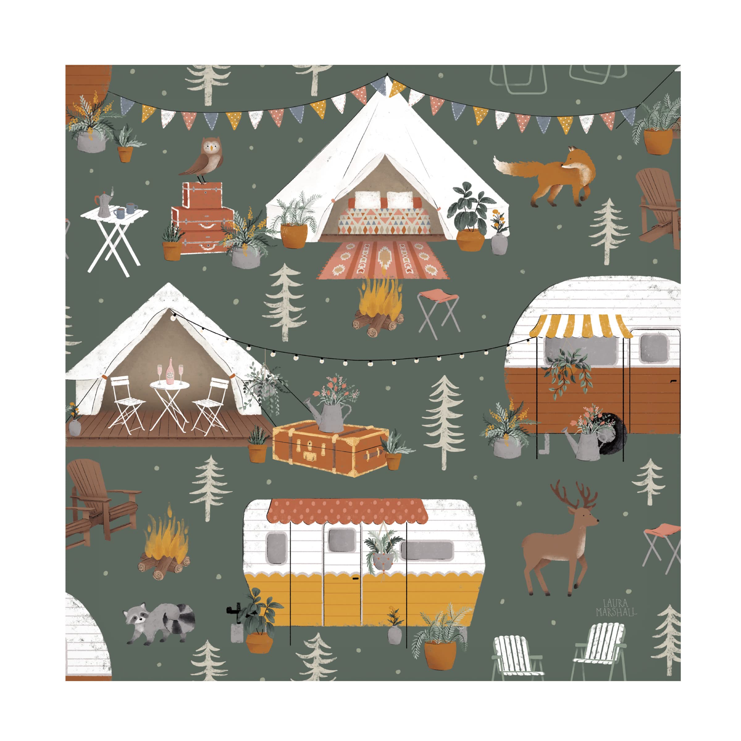 Laura Marshall 'Gone Glamping Pattern ID' Canvas Wall Art Print - Vintage Camping Decor for Living Room, Bedroom & Cabin