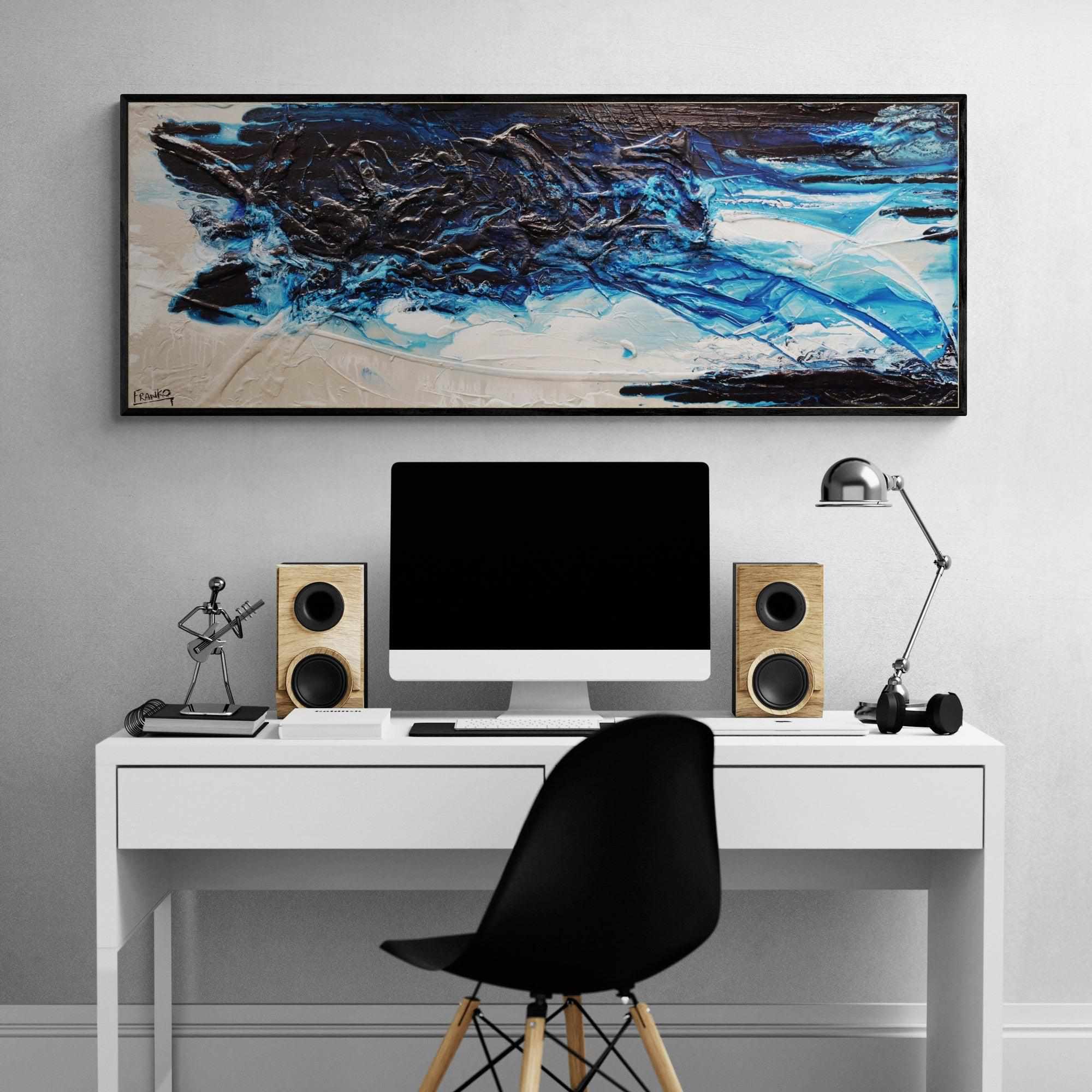 Midnight Malt 160cm x 60cm Abstract Textured Blue Painting - Modern Wall Art for Living Room, Bedroom & Office Decor