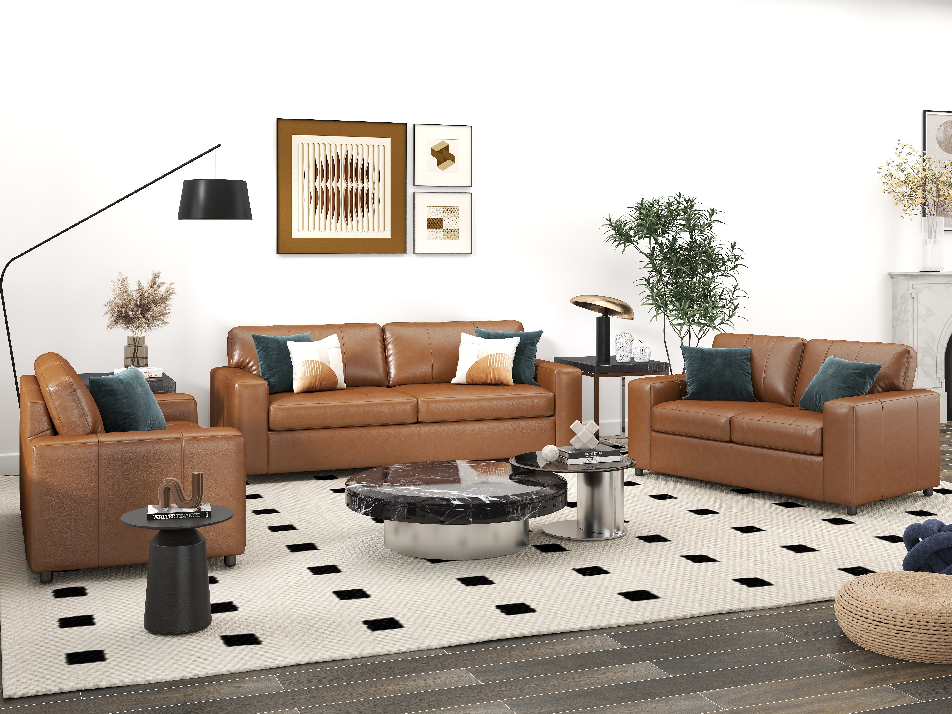 Roundhill Furniture Sakan Genuine Leather Upholstered Living Room Set - Sofa, Loveseat & Chair - Modern Sectional Couch for Home Theater, Family Room & Lounge Areas