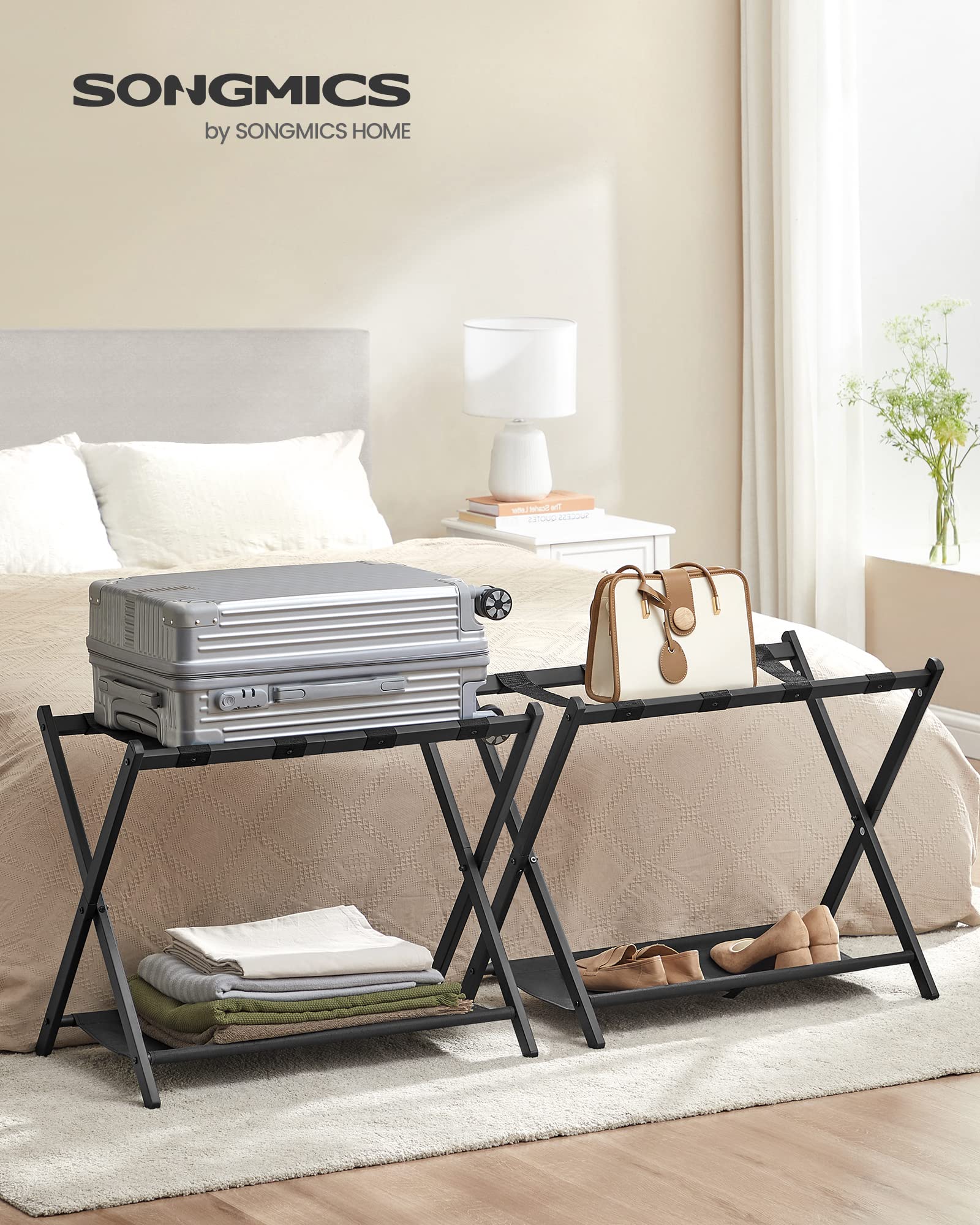 SONGMICS 2-Pack Foldable Luggage Rack with Storage Shelf - Heavy Duty Steel Frame Suitcase Stand for Bedroom, Hotel & Guest Room - Space Saving Black Travel Organizer (Perfect for Small Spaces & Overnight Guests)