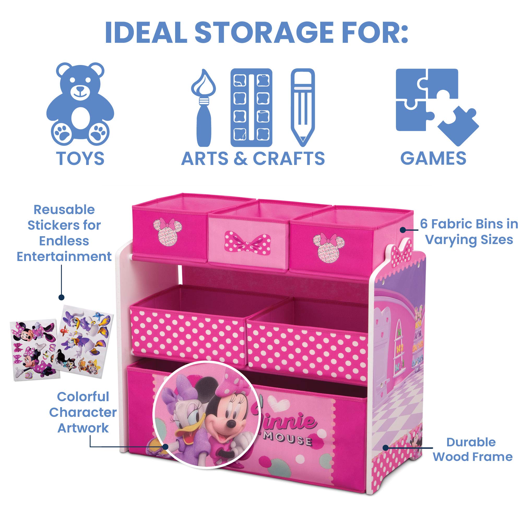 Delta Children 6-Bin Toy Storage Organizer with Disney Minnie Mouse Chair & Desk - Kids Playroom Organization Solution for Toys, Books & Art Supplies