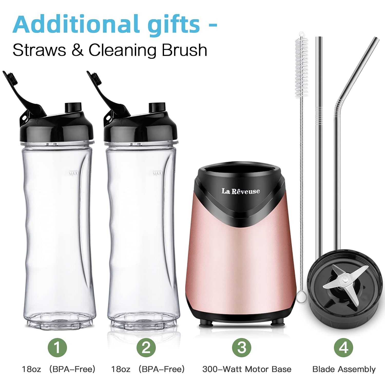 La Reveuse 300W Personal Smoothie Blender with 2 BPA-Free 18oz Travel Sports Bottles - Pink | Compact Blender for Protein Shakes, Meal Prep & On-the-Go Smoothies | Perfect for Gym, Office & Home Use