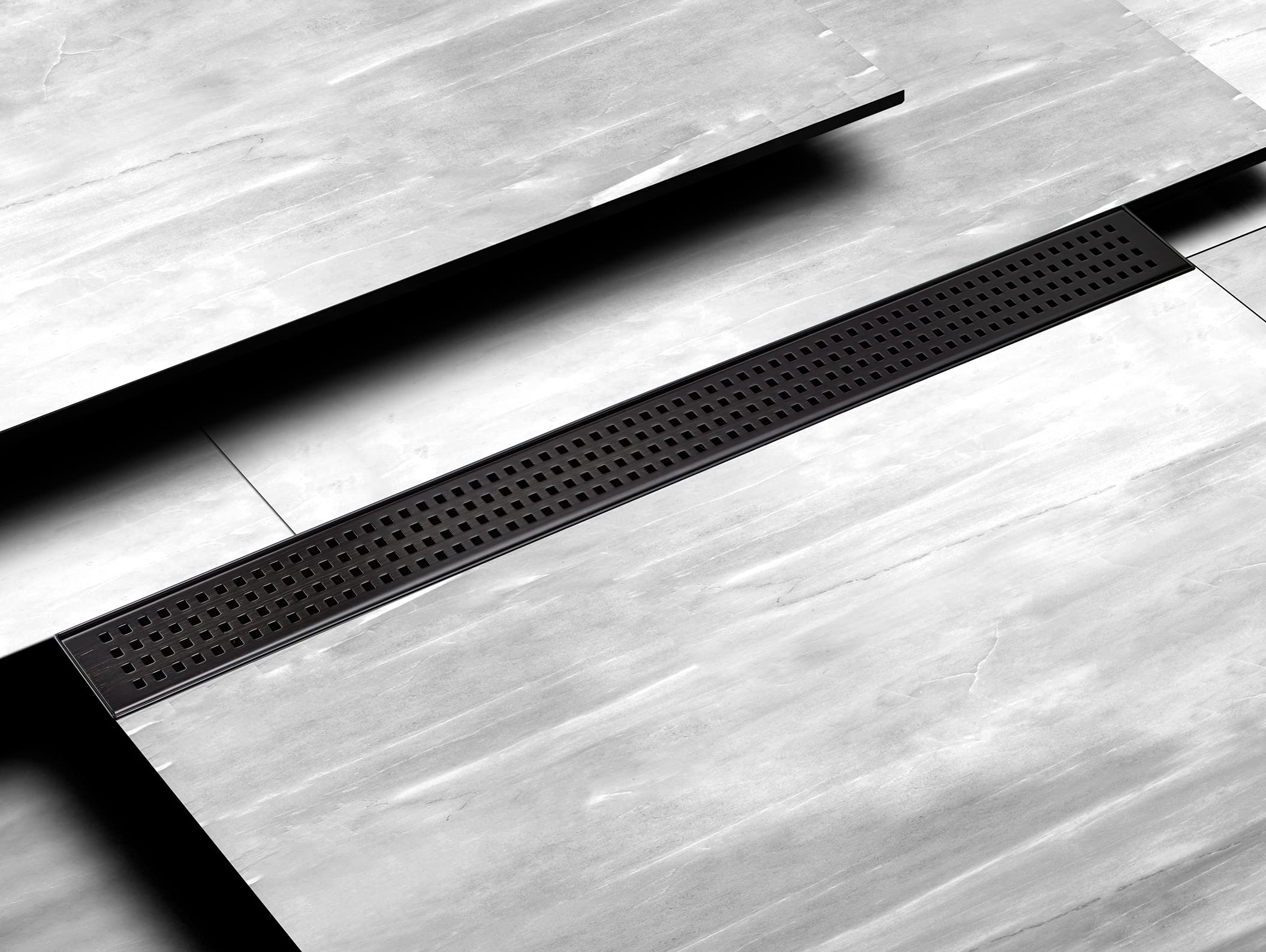 HEATGENE 24-Inch Linear Shower Drain - Stainless Steel Rectangle Shower Floor Drain with Removable Quadrato Pattern Grate & Hair Strainer - Venetian Bronze Finish - Perfect for Modern Bathroom & Wet Room Drainage Systems
