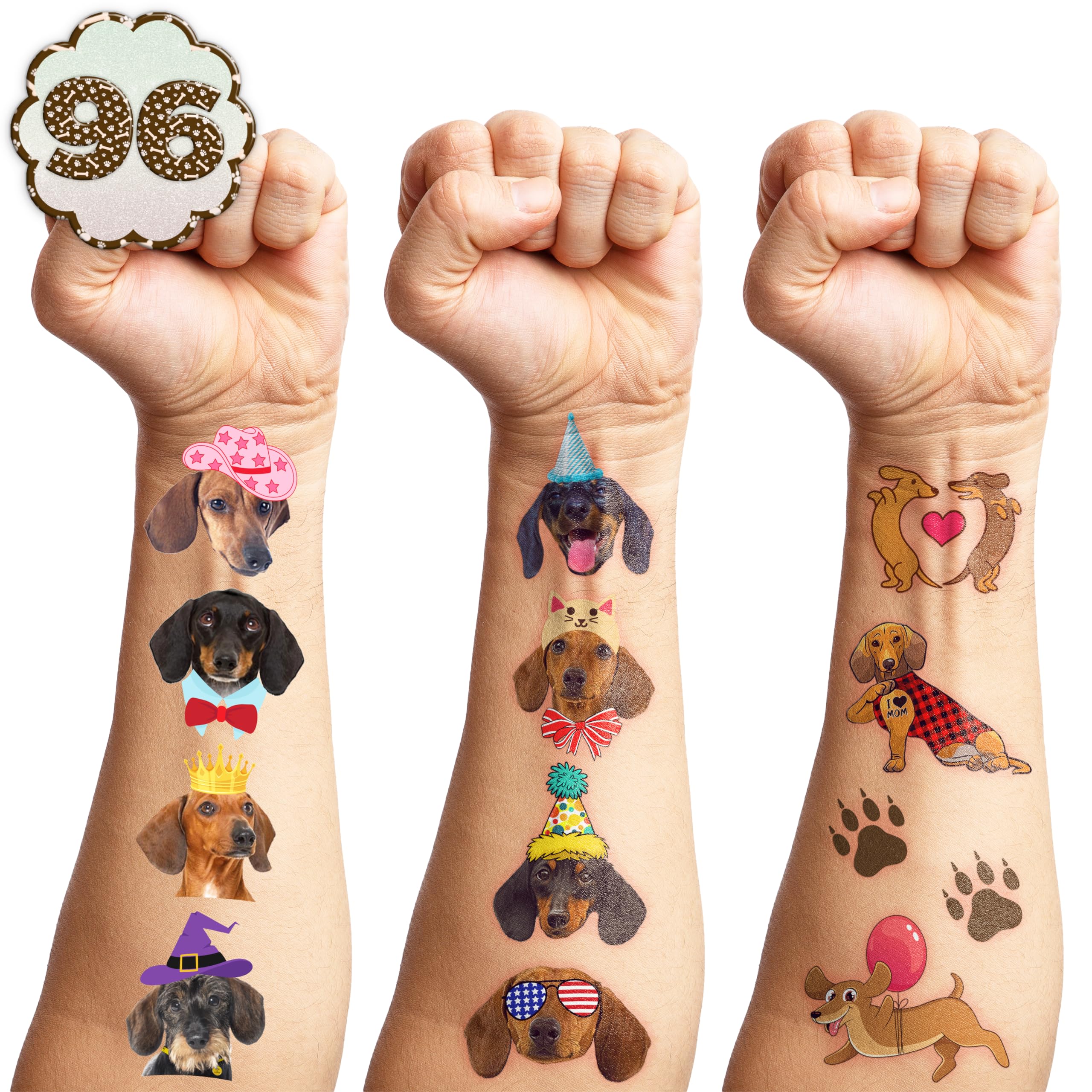 96 PCS Dachshund Dog Tattoos & Stickers - Funny Wiener Dog Party Supplies for Kids Birthday, Baby Shower, Pet Lover Gifts - Waterproof Temporary Tattoos & Decorative Stickers for Scrapbooking, DIY Crafts
