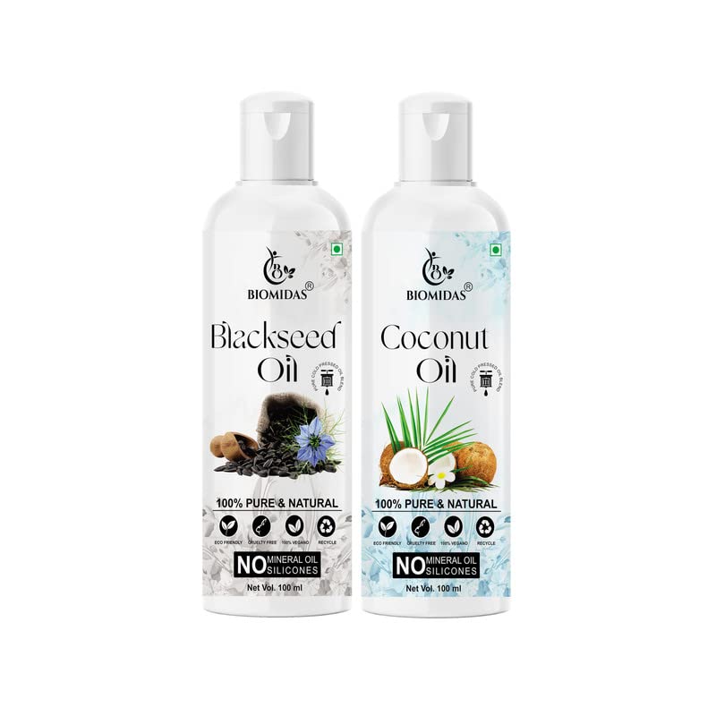 Biomidas 100% Pure Black Seed Oil & Coconut Oil Combo (100ML Each) - Promotes Rapid Hair Growth, Reduces Hair Fall & Split Ends for Softer, Shinier Hair - Perfect for Daily Hair Care & Scalp Treatment (Pack of 2)