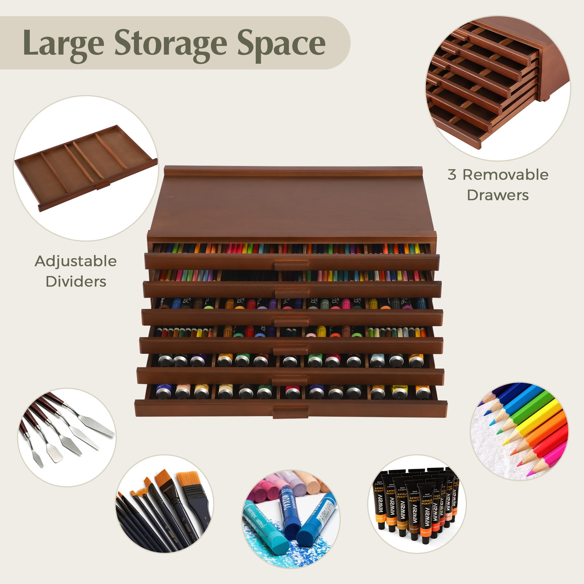 VISWIN Upgraded 6-Drawer Wooden Art Supply Organizer - Premium Beechwood Storage Box with Removable Dividers for Paints, Markers, Pencils, Pens & Brushes | Portable Artist Tool Box for Studio, Classroom & Home Craft Organization