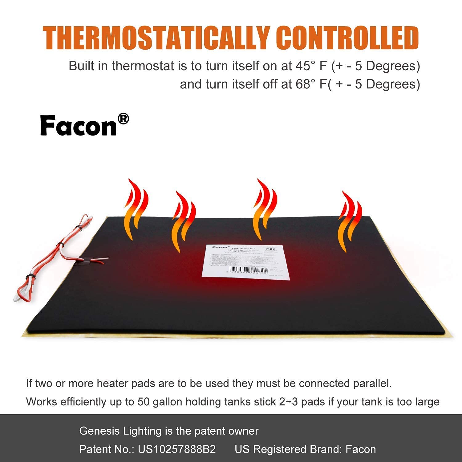 Facon RV Holding Tank Heater Pad - 50 Gallon Capacity for Fresh, Grey & Black Water Tanks with Auto Thermostat | Winter RV Camping & Cold Weather Protection