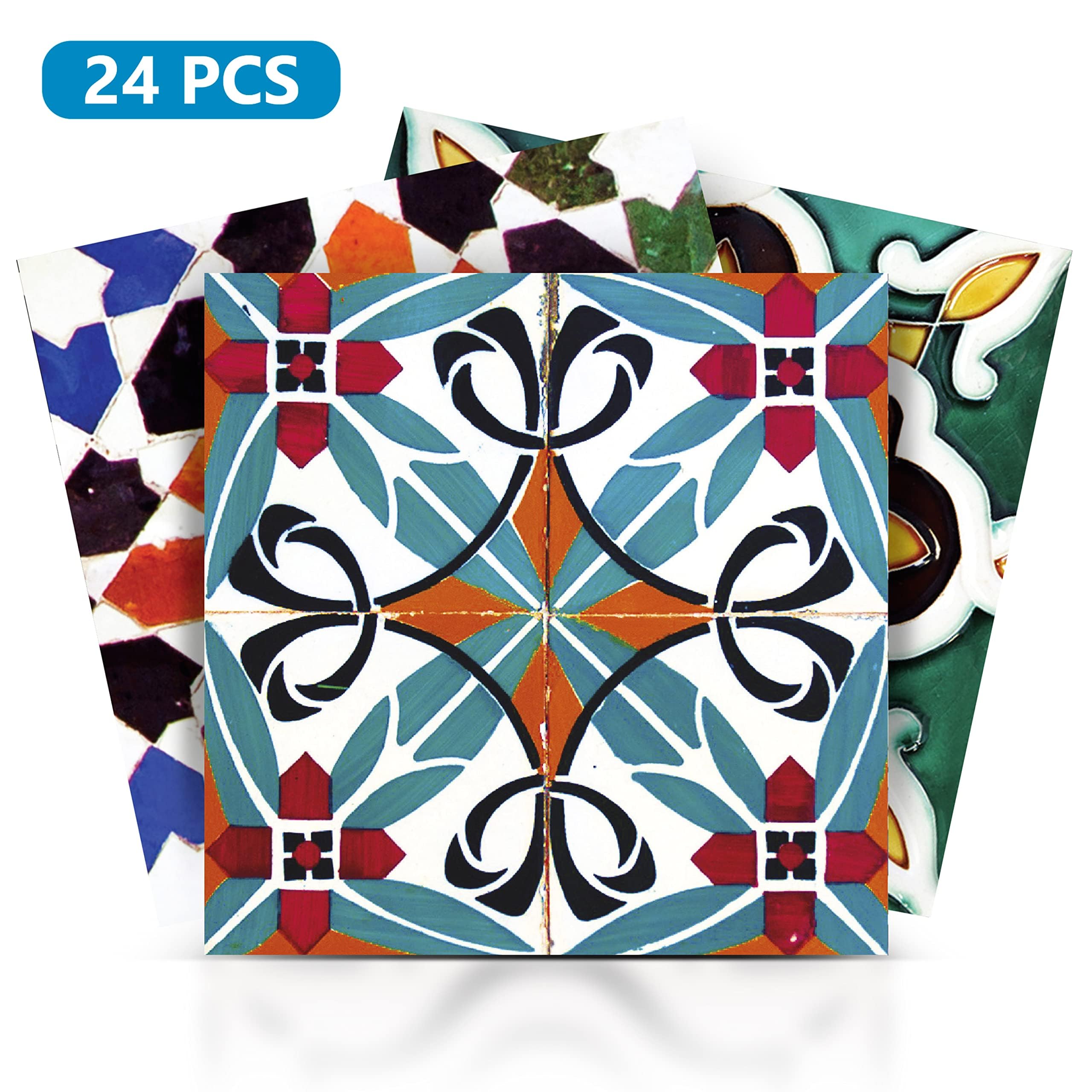 Authentic Talavera Tile Stickers 24-Piece Set (2x12) - Easy Peel & Stick Bathroom & Kitchen Decals - 6x6 Inch Traditional Spanish Style Home Decor for Backsplash, Shower, and Countertop Upgrade