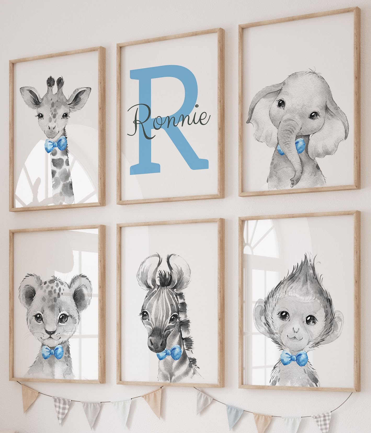 Personalized Safari Animal Nursery Wall Art - Set of 6 Unframed Posters (12x16) with Custom Name for Baby Boys Room Decor - Elephant, Giraffe, Lion, Zebra in Blue, Green & Yellow Bow Ties - Perfect Baby Shower Gift & Jungle-Themed Bedroom Decoration