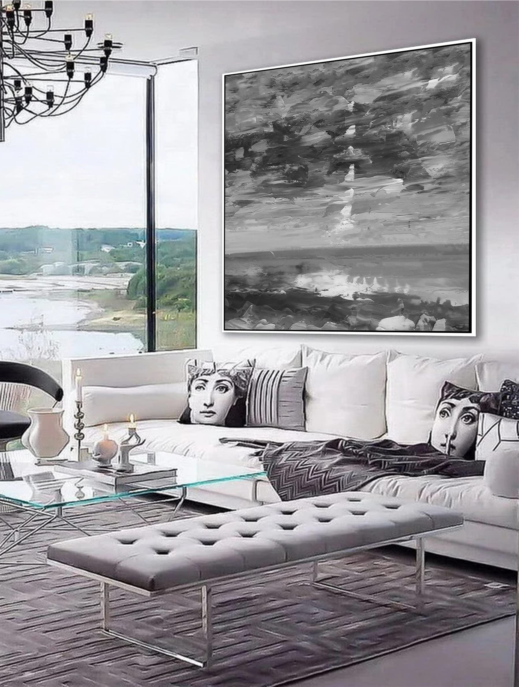 Handmade Black and White Abstract Ocean Oil Painting on Canvas - Modern Large Wall Art for Home & Office Decor - 40x40 Inches - Perfect for Living Room, Bedroom, or Workspace