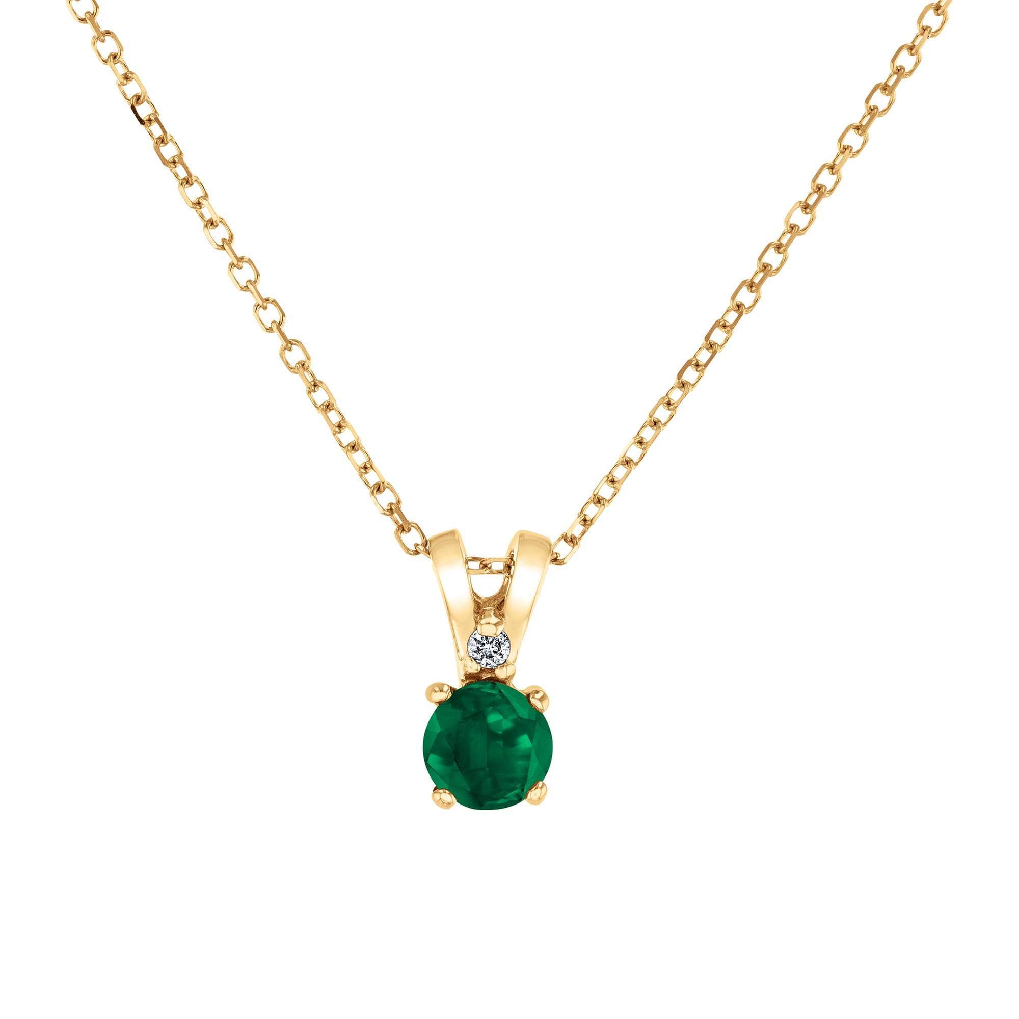 10K Yellow Gold Emerald and Diamond Pendant Necklace for Women - 18 Inch Round Cut Genuine Emerald with Diamond Accent Gold Chain - Perfect for Weddings, Anniversaries & Special Occasions