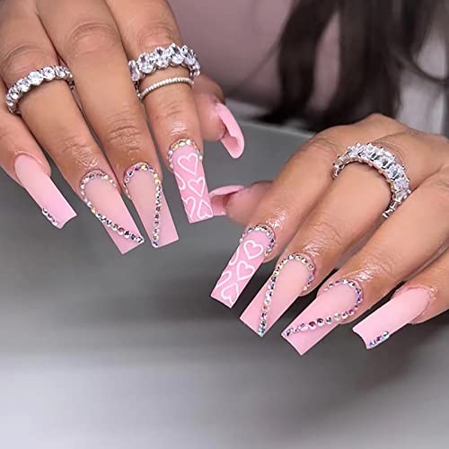 Ezpieces Fake Nails with Glue - 24PCS Extra Long Coffin Press on Nails with 3D Rhinestones & French Tip, Acrylic Artificial Nails for Women - Perfect for Daily Wear, Parties & Special Occasions (Play with Pink)