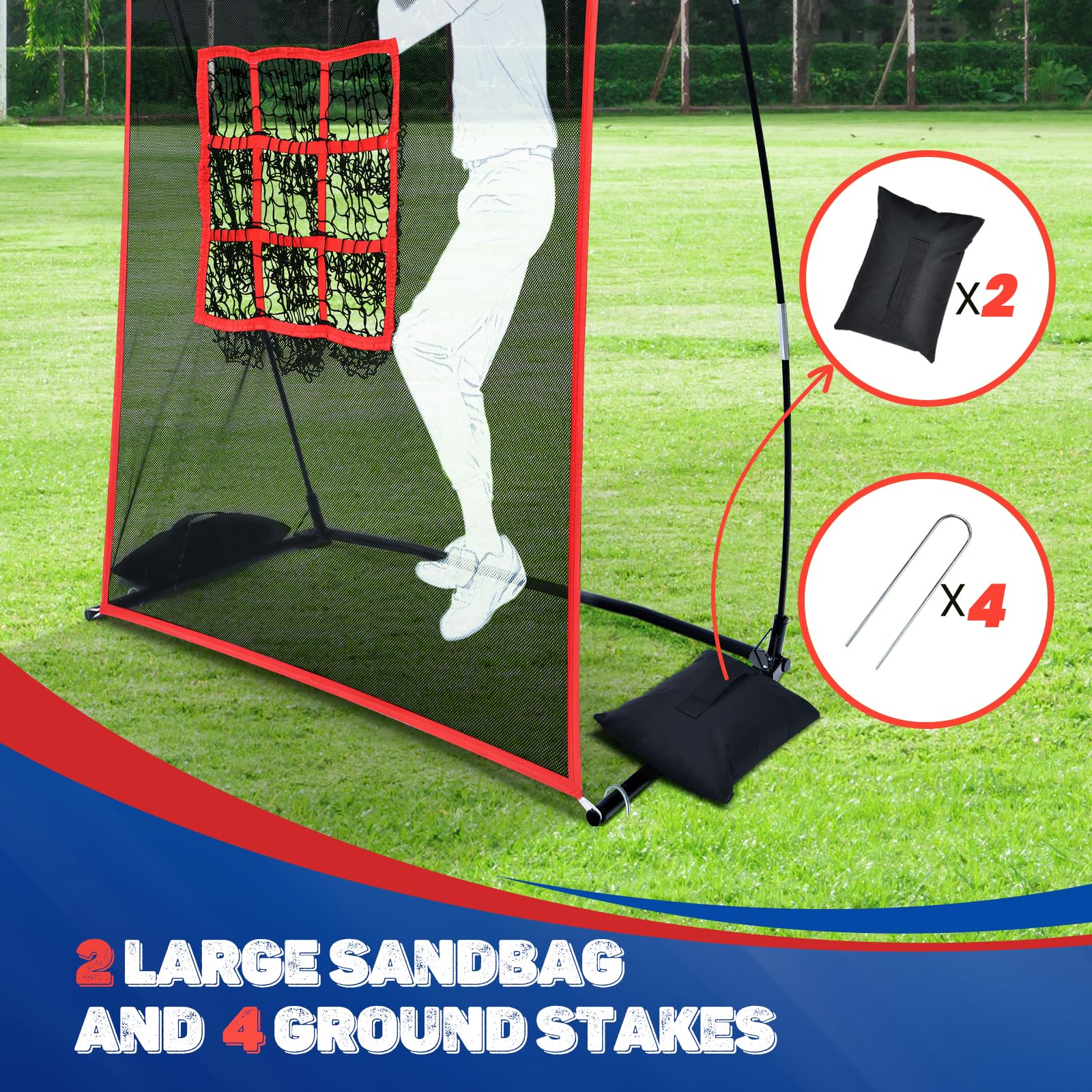 Portable 9-Pocket Baseball & Softball Pitching Net with 2 Sandbags | Backyard Training Equipment | Includes Carry Bag & 2 Baseballs | Perfect for Youth Practice, Batting Drills & Fielding Training