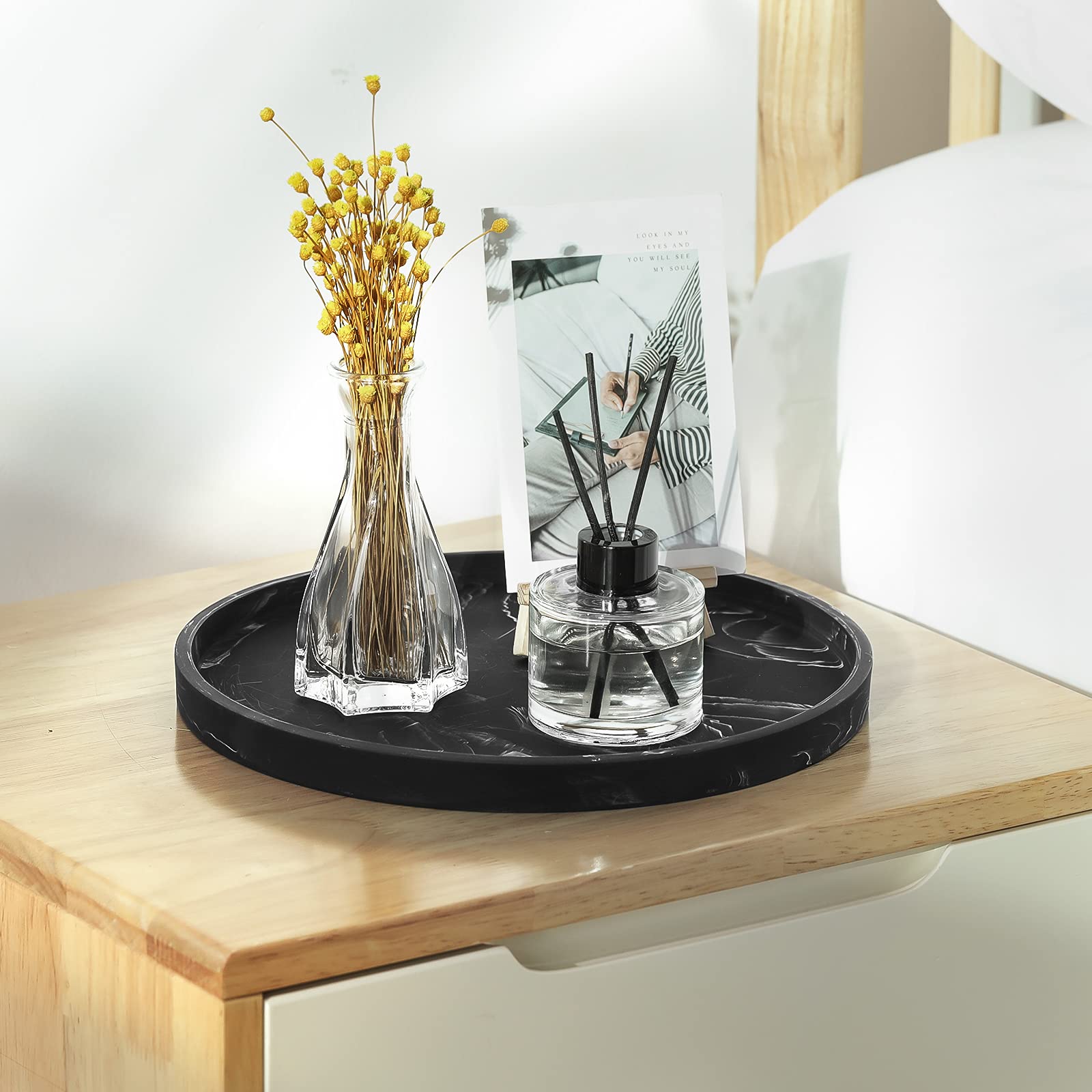 Resin Round Vanity Tray - Decorative Bathroom & Bedroom Storage Organizer for Jewelry, Cosmetics, Candles & Lotion Bottles | Matte Ink Black Countertop Tray for Toilet Tank, Dresser & Kitchen