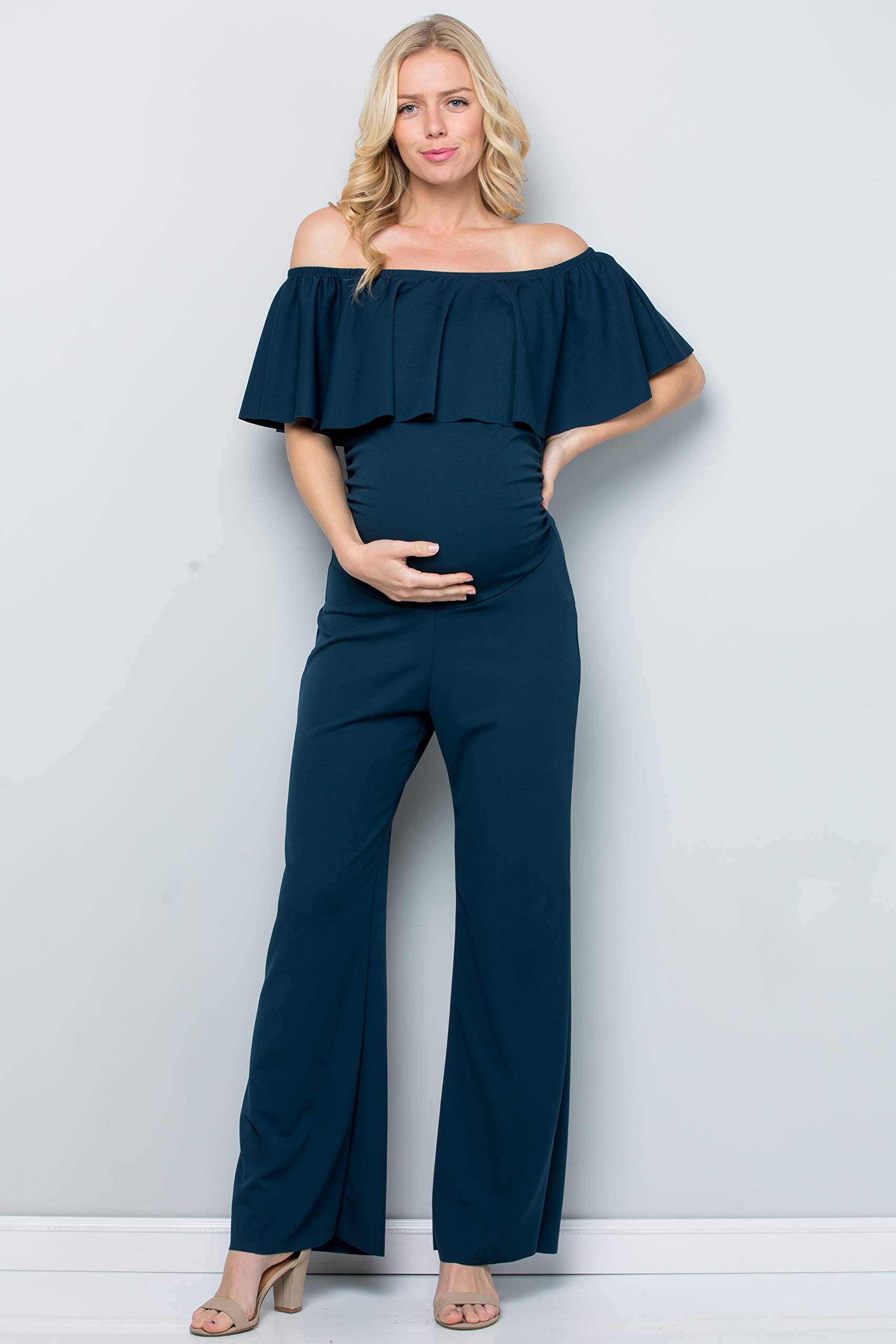 My Bump Maternity Ruffle Off Shoulder Jumpsuit - Made in USA | Comfortable Pregnancy Outfit for Baby Shower, Maternity Photos & Special Occasions
