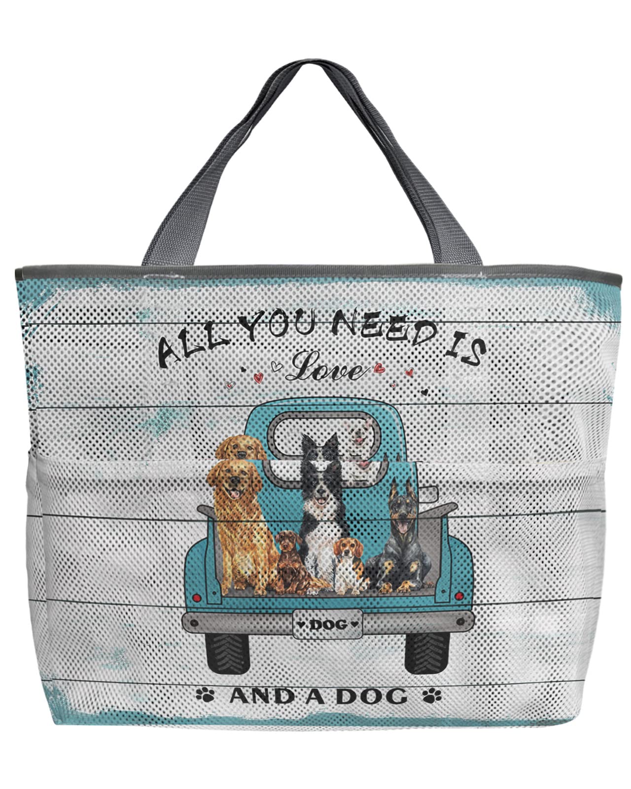 60L Oversized Mesh Beach Tote Bag with Pockets - Blue Truck & Dog Design - Foldable Lightweight Grocery & Swim Storage Bag (24