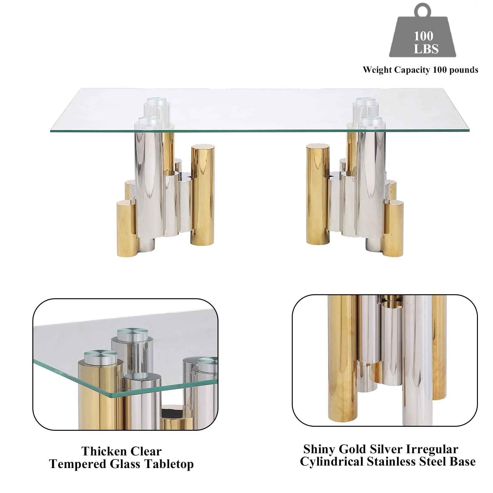 Luxury Clear Glass Coffee Table with Gold/Silver Irregular Stainless Steel Base - Modern Rectangular Living Room Center Table for Home & Office - Perfect for Cocktail Parties, Lounge Decor & Contemporary Interior Design