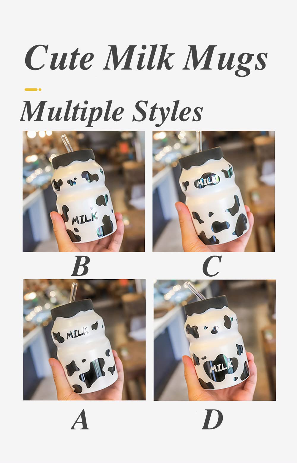 Set of 2 Kawaii Ceramic Mugs with Silicone Lids & Straws - Cute Ins Style Water Bottles for Milk Tea, Coffee & Smoothies - Perfect for Home, Office & Gifts (Milk A+B)