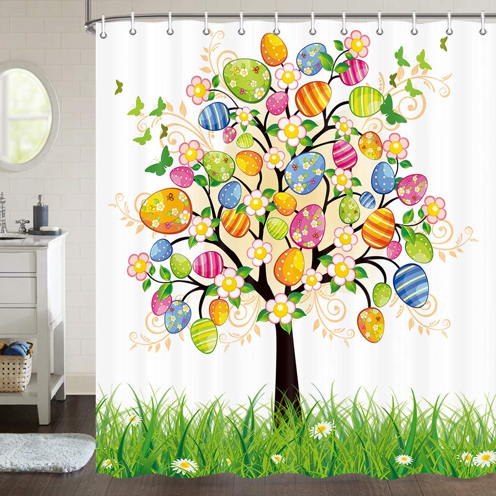 JAWO Easter Shower Curtain - Floral Painted Eggs & Butterflies Design, 72x72 Inch Spring Bathroom Decor with Hooks - Perfect for Easter, Spring Season & Farmhouse Bathroom Decor