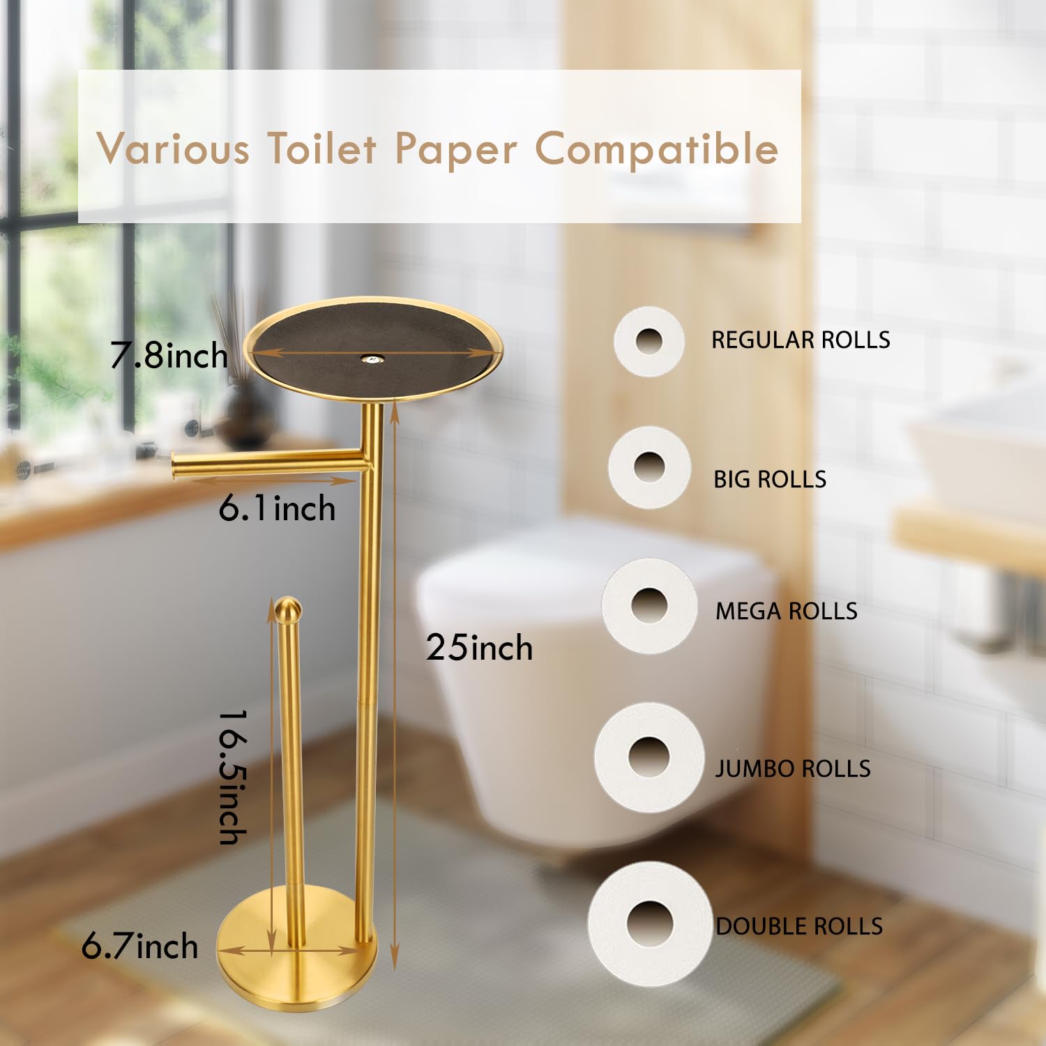 Freestanding Toilet Paper Holder with Large Shelf - Modern 4 Roll Reserve Stand with Storage Space for Phones (Gold) | Bathroom Organizer for Home & Office Use
