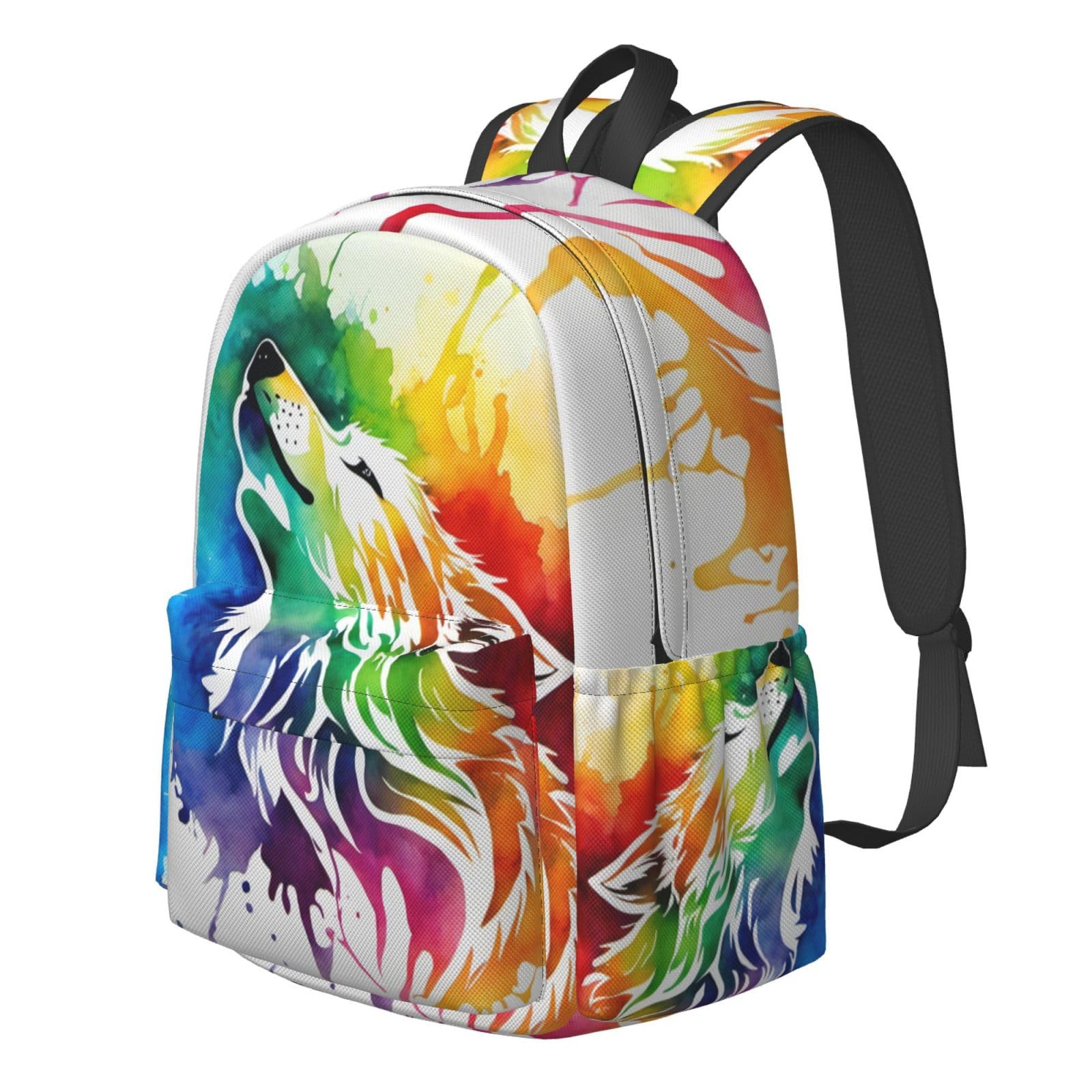 16 Inch Tie Dye Colorful Howl Wolf Laptop Backpack - Waterproof Full Print School Bookbag & Travel Daypack for Men Women - Perfect for College, Work, Hiking & Daily Commute