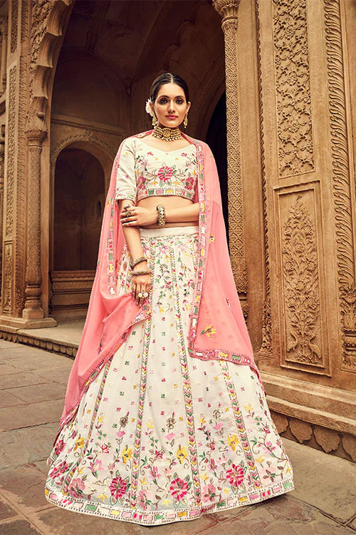 Designer Beige Georgette Embroidered Lehenga Choli with Sequins (D202) | Indian Bridal Wear for Weddings & Festivals
