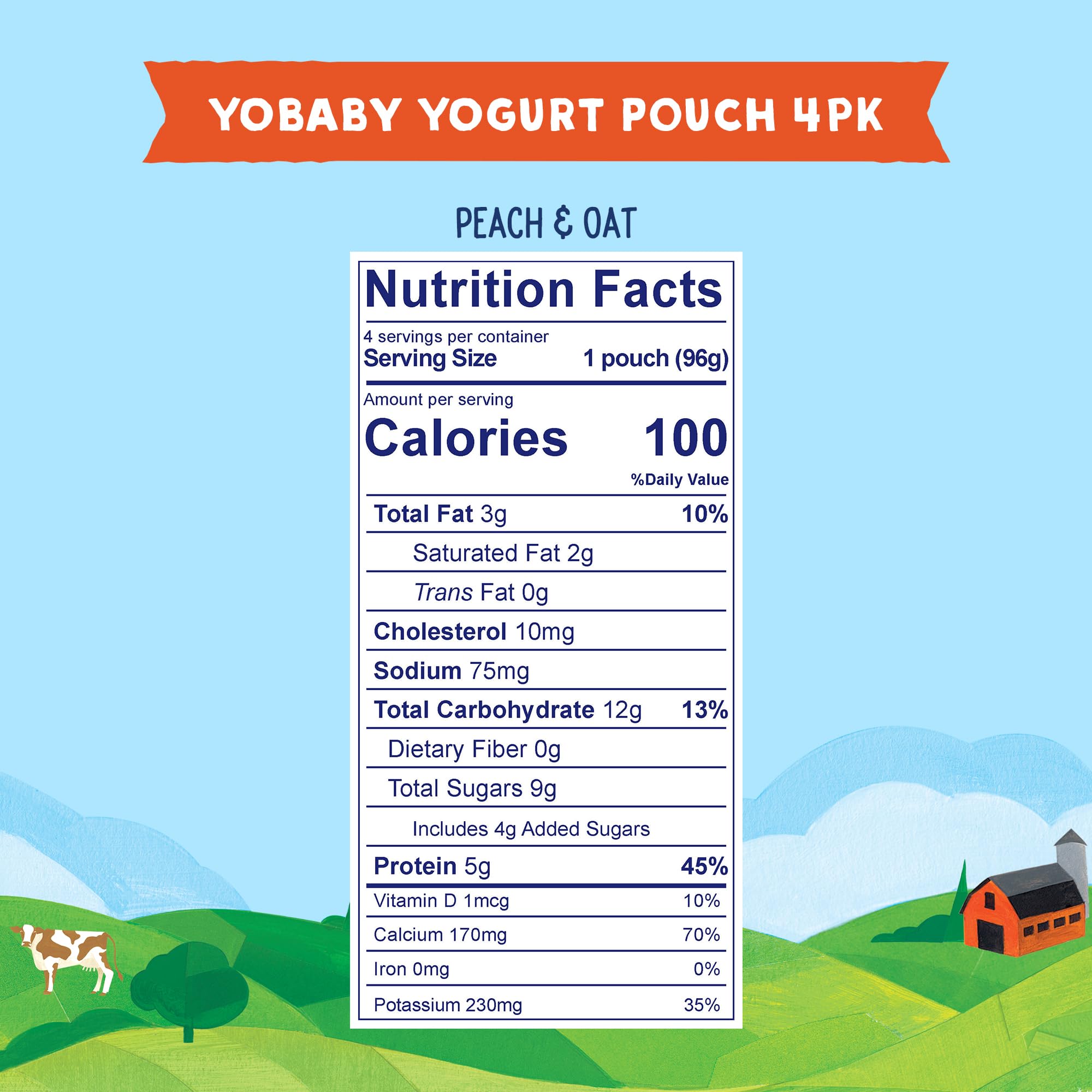 Organic YoBaby Whole Milk Peach & Oat Yogurt Pouches for Babies 6+ Months - 3.4 oz (4 Pack) | Healthy Snack for Toddlers | Perfect for On-the-Go, Daycare & Lunchboxes