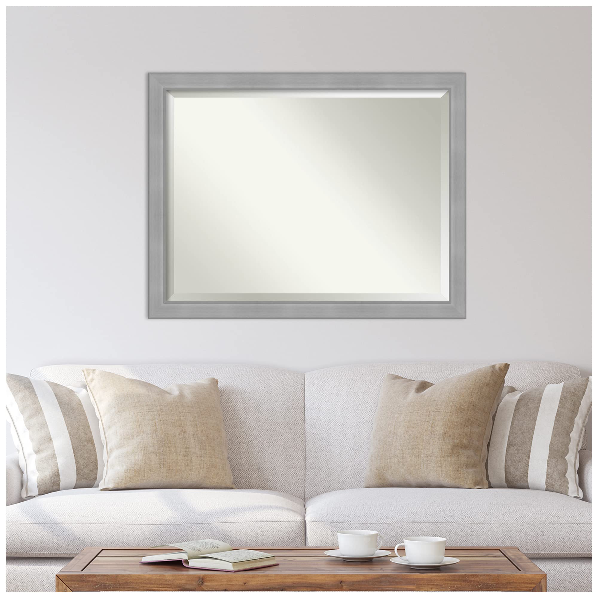 Amanti Art 34x44 Inch Silver Wall Mirror - Brushed Nickel Rectangle Bathroom & Living Room Decor - Large Casual Frame with Beveled Edge - Hangs Horizontally or Vertically - Perfect for Bathroom Vanity, Entryway & Bedroom Decor