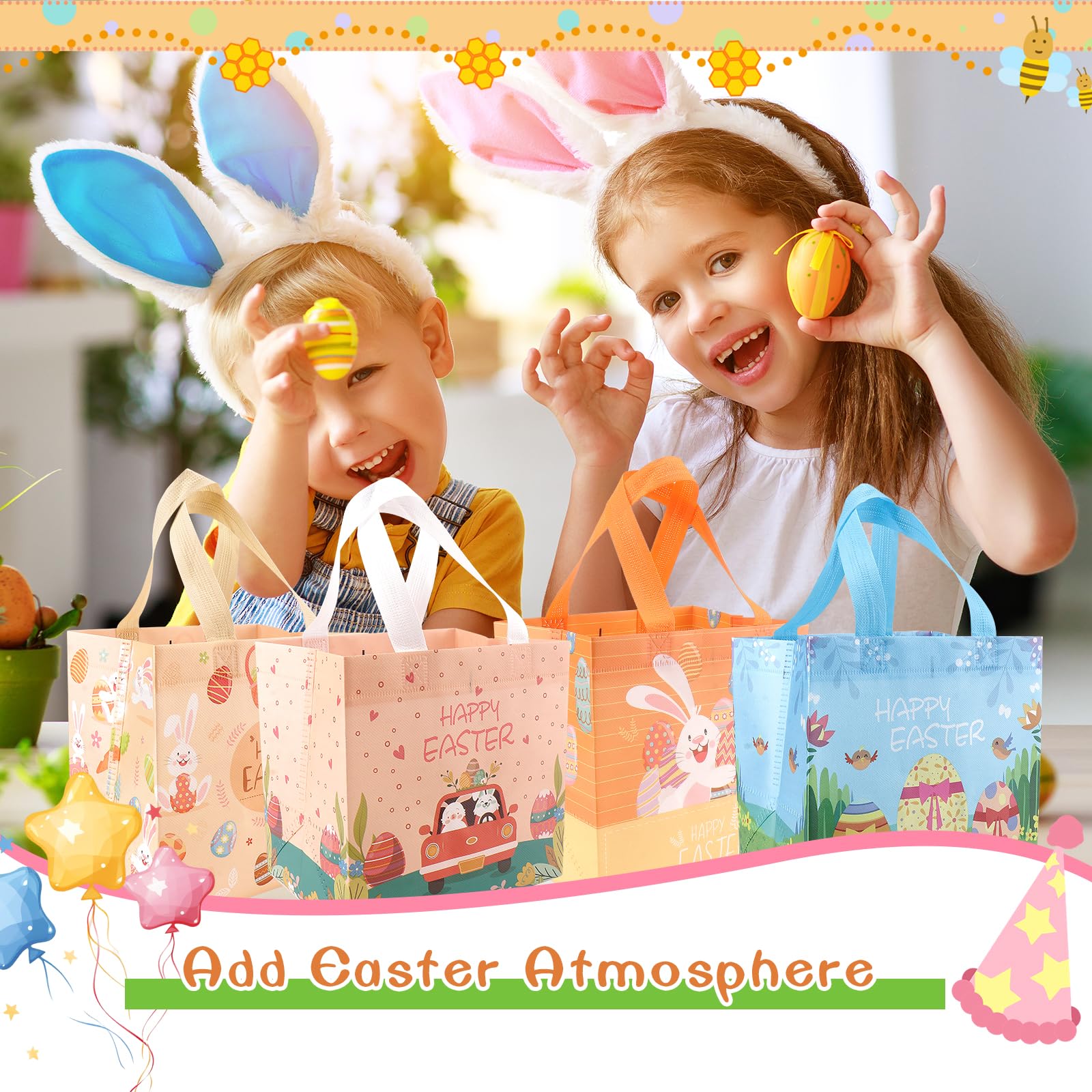 6PCS Easter Egg Hunt Bags with Handles - Bunny Carrot Chick Themed Easter Treat Bags, Reusable Non-Woven Gift Bags for Easter Party Supplies, Egg Hunt Games & Gift Wrapping - Perfect for Easter Celebrations, Classroom Activities & Spring Festivals