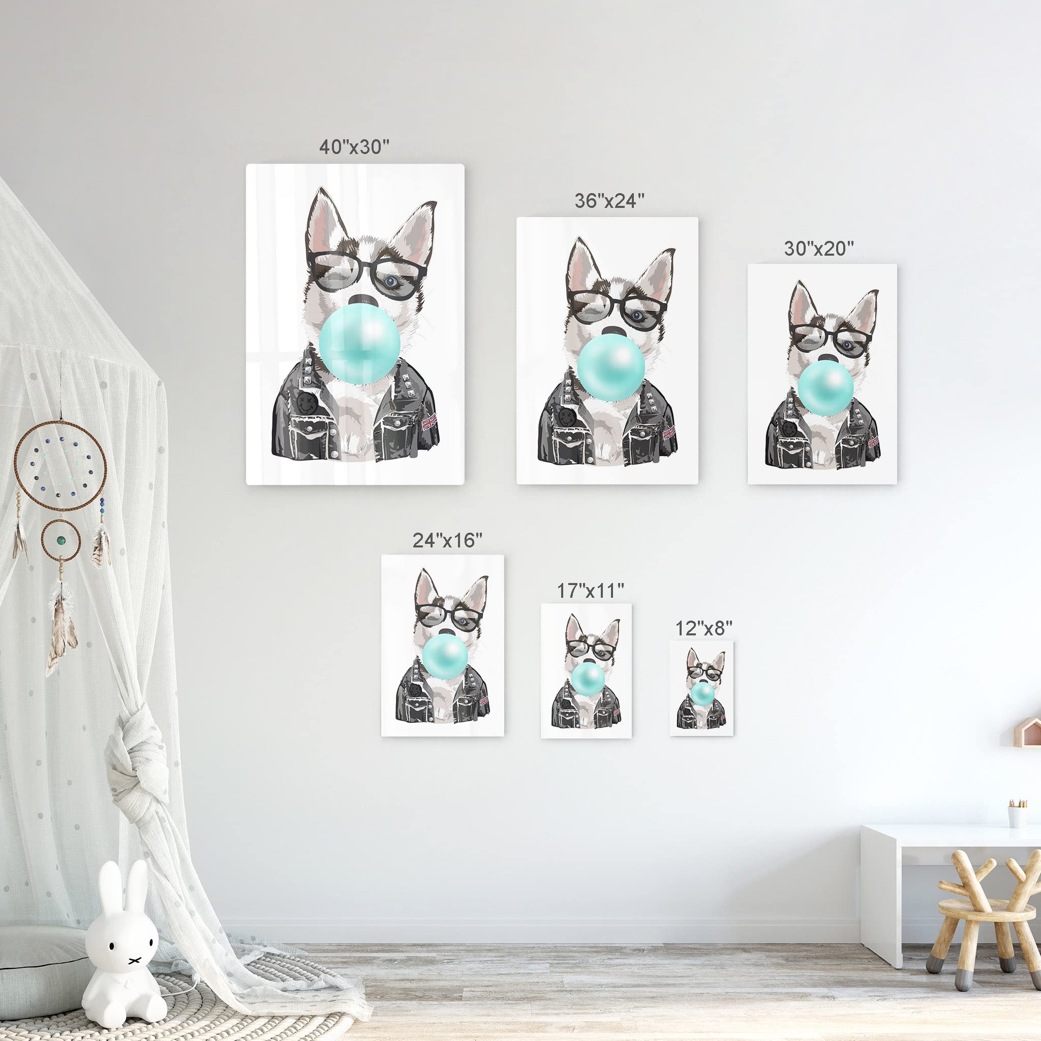 Husky Dog and Cat Chewing Bubble Gum Metal Wall Art Set - 2 Piece Animal Pop Art Prints for Living Room, Bedroom, Nursery Decor (40x30 inches) - Modern Home & Kids Room Wall Decor