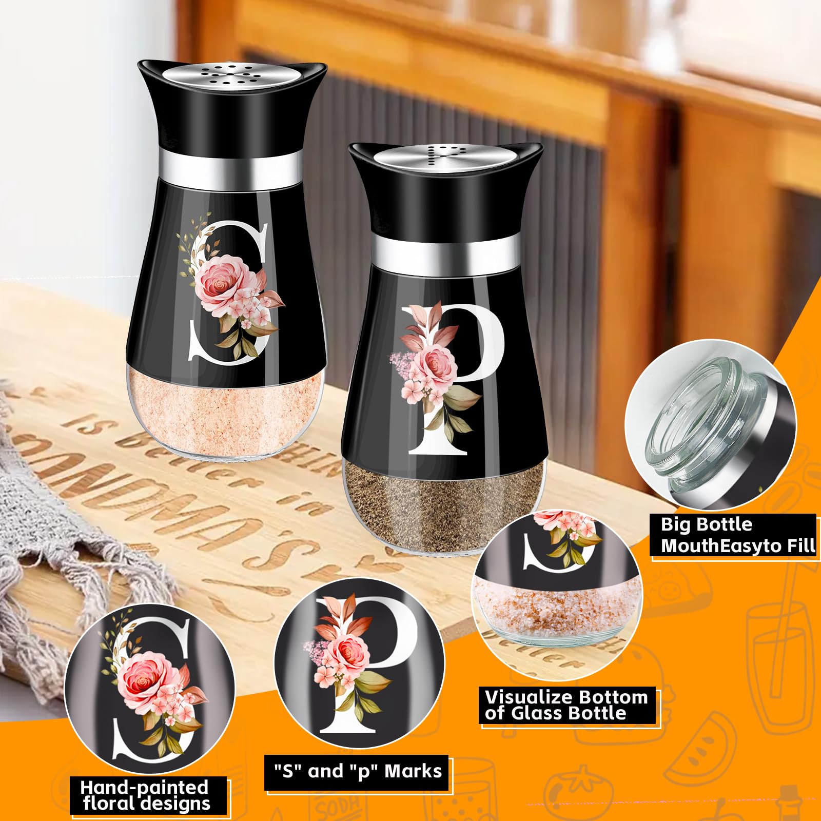 Premium Stainless Steel & Glass Salt and Pepper Shakers Set - 4 oz Refillable Spice Dispenser - Classic Farmhouse Kitchen Decor for Dining Table, Restaurant, or Home Cooking (Black)