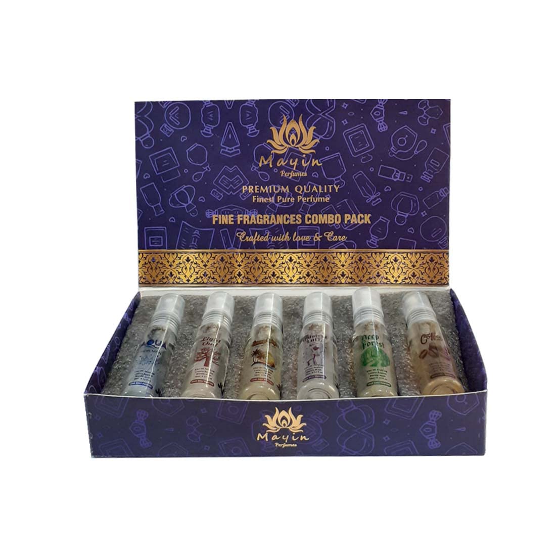 Mayin Aqua, Light Oudh, Summer Cologne, Midnight Love, Deep in the Forest, Coffee Eau De Parfum Gift Set for Men - 6 x 10ml (60ml) Fragrance Sampler | Perfect for Travel, Gifts & Daily Wear