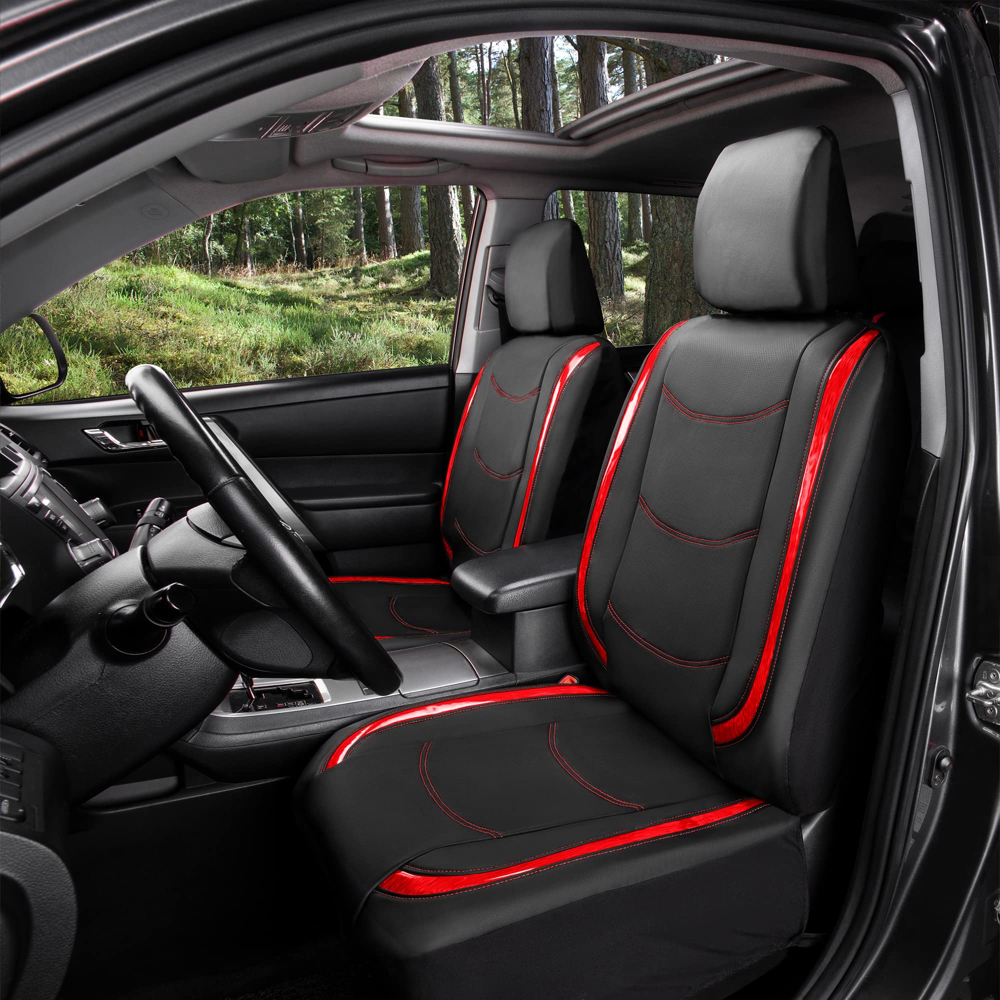 Premium TLH Automotive Red Leatherette Car Seat Covers - Universal Fit for Cars, Trucks, SUVs & Vans | Anti-Slip Protection with Built-in Pockets | Metallic Striped Galaxy13 Design | Perfect for Road Trips, Daily Commutes & Vehicle Protection