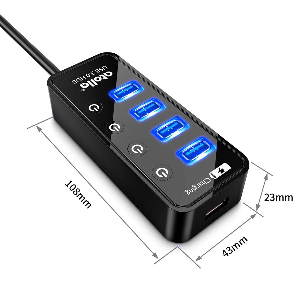 Atolla 4-Port USB 3.0 Hub with On/Off Switches & 1 Charging Port - High Speed Data Transfer (2ft Cable) for Laptop, PC, Mac - Perfect for Home Office, Gaming & Multi-Device Setup